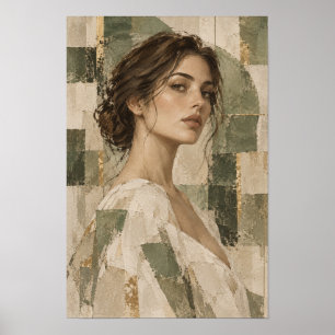 Poster Retrato de Mulher Elegante com Abstrato Verde-Salv