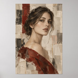 Poster Retrato de Mulher Elegante em Figura Abstrata Verm