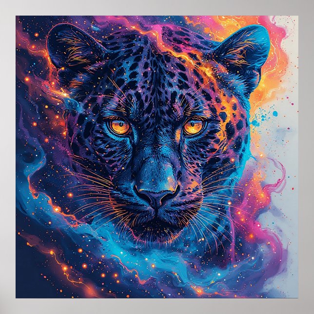 Poster Retrato de Pantera com Elementos Abstratos Ígneos (Frente)