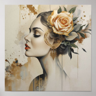Poster Retrato de Perfil de Mulher com Rosa Pêssego