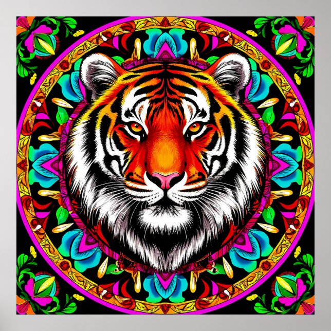 Poster Retrato de Tigre com Desenho de Mandala (Frente)