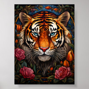 Poster Retrato de Tigre em Vidro Colorido com Rosas Rosa 