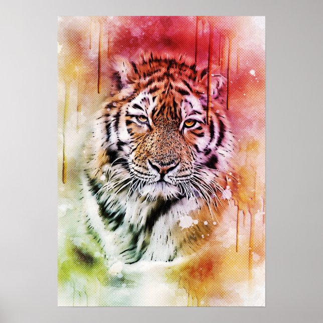 Poster Retrato de Tigre Rosto Aquarela Arte Gráfica (Frente)