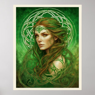Poster Retrato de uma mulher em um nó celta irlandês verd