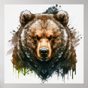 Poster Retrato De Urso Cinza Pintando Arte Selvagem
