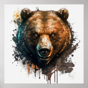 Poster Retrato De Urso Cinza Pintando Arte Selvagem