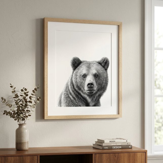 Poster Retrato de Urso Cinzento Preto e Branco (Criador carregado)