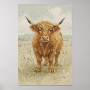 Poster Retrato de Vaca das Terras Altas em Sage Suave e C