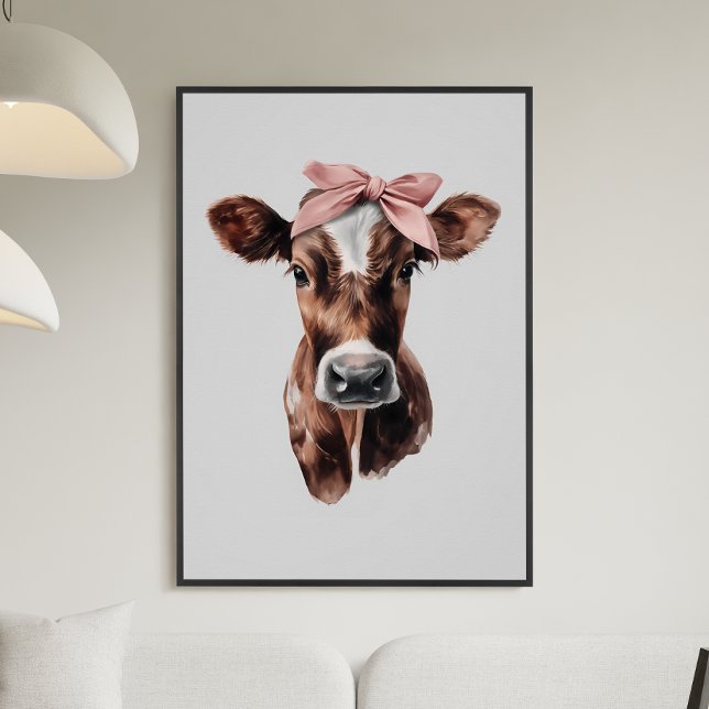 Pôster Retrato de Vaca Marrom e Branca com Laço Rosa Fofi (Cute Girly Pink Bow Brown and White Cow Portrait Poster)