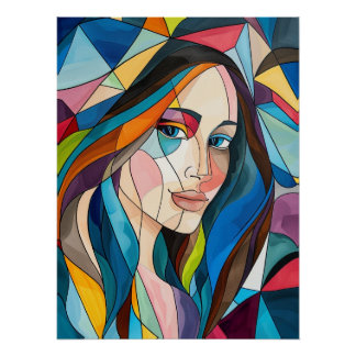 Pôster Retrato de Vidro Colorido Cubista Geométrico