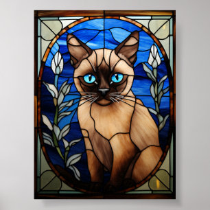 Poster Retrato de Vidro Colorido de Gato Siames de Olhos