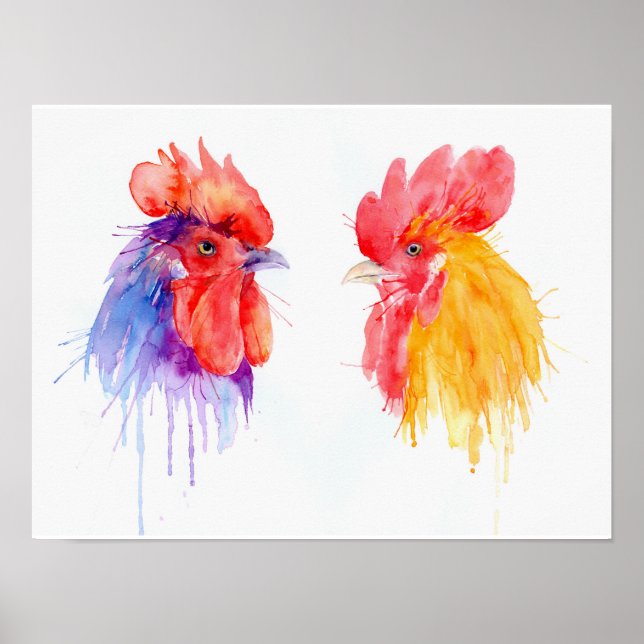 Poster Retrato de Watercolor Dois Roosters (Frente)