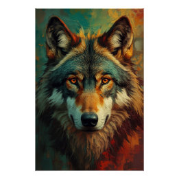 Pôster Retrato do Lobo Artístico - Pintura a Óleo Vibrant