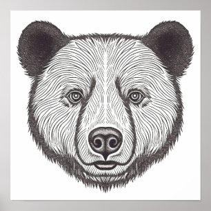 Poster Retrato do Urso Negro e Branco - Arte de Estêncil