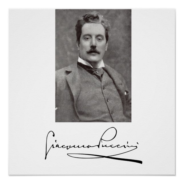 Pôster Retrato e assinatura de Giacomo Puccini (Frente)