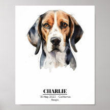 Retrato em Aquarela de Beagle com Nome Personaliza