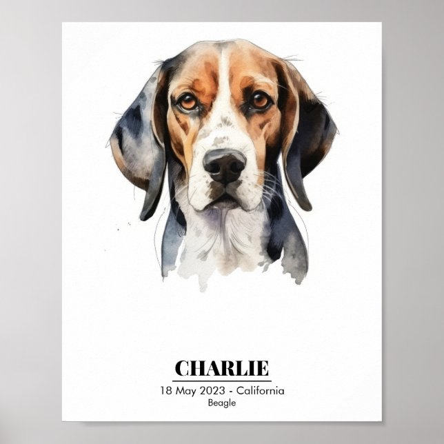 Poster Retrato em Aquarela de Beagle com Nome Personaliza (Frente)
