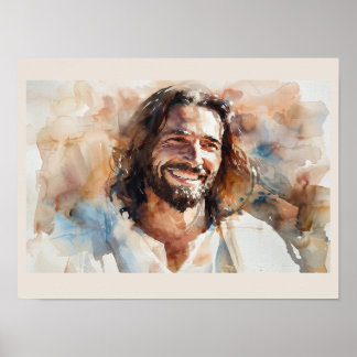 Poster Retrato em Aquarela de Jesus Sorridente | Arte Cri