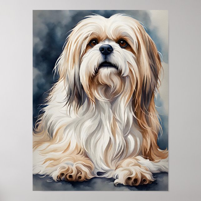 Poster Retrato em Aquarela de um Doce Shih Tzu em Pose (Frente)