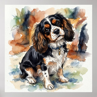 Poster Retrato em Aquarela do Cavalier King Charles Spani