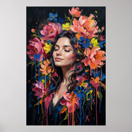 Poster Retrato em Arte de Gotejamento Floral Mulher Vibra