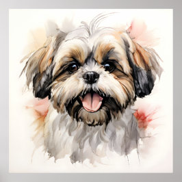 Poster Retrato Feliz de Cachorrinho Shih-tzu a Tinta