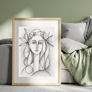 Poster Retrato Feminino Abstrato Desenho de Linhas Cubi