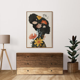 Poster Retrato Feminino Boho Vintage com Flores Silvestre