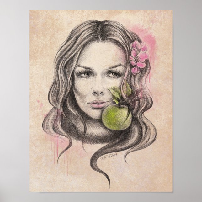 Poster Retrato feminino com maçã e flor Arte surreal (Frente)
