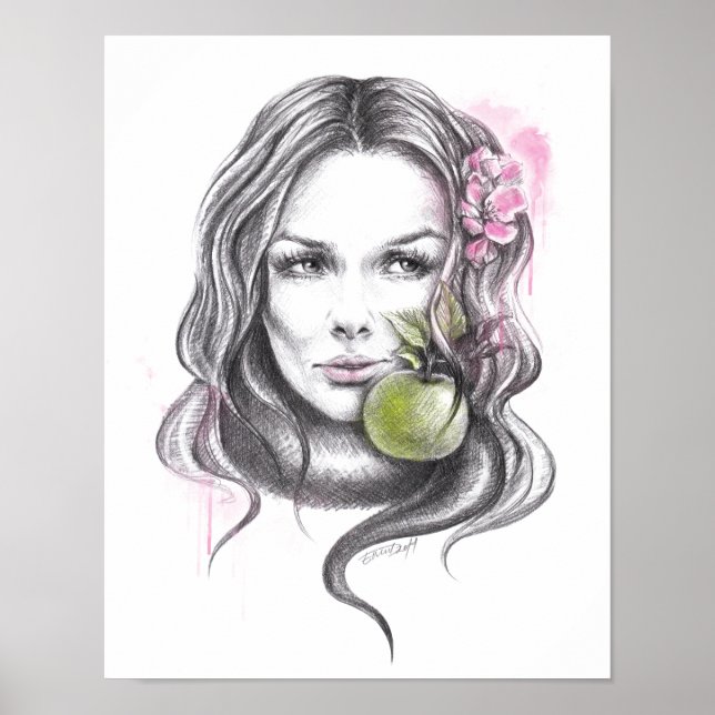 Poster Retrato feminino com maçã e flor Arte surreal (Frente)