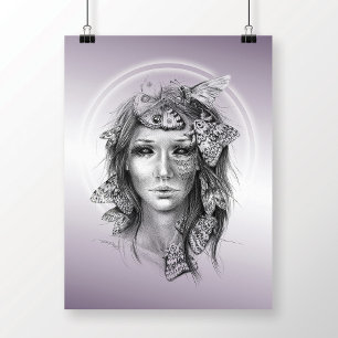 Poster Retrato feminino com mariposas surreal lápis