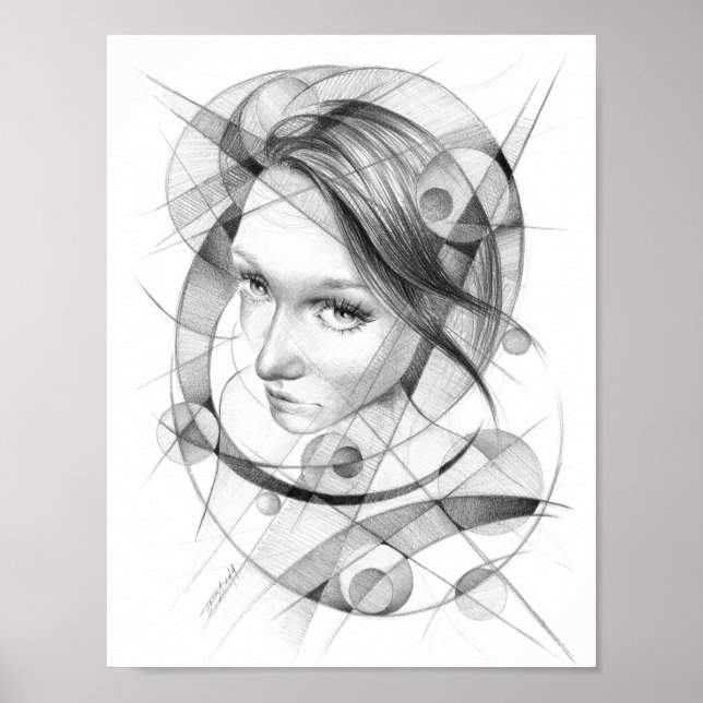 Poster Retrato feminino Desenho arte Geométrica Círculos  (Frente)