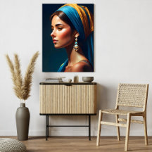 Retrato feminino em estilo azul e Dourado, clássic