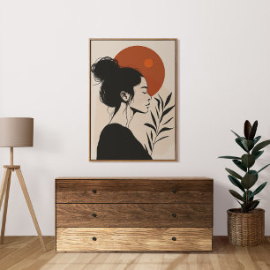 Poster Retrato Feminino Preto e Branco Sol Vermelho