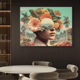 Poster Retrato Feminino Surrealista com Elementos Florais