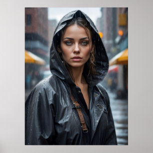 Poster Retrato feminino vestindo capa de chuva em pé na r