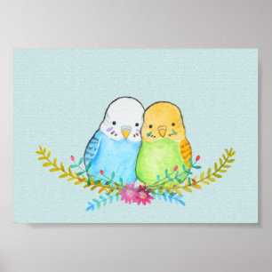 Poster Retrato Floral de Periquitos Adoráveis Aves de Est