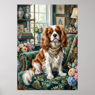Poster Retrato Floral Grandmillennial do Cavalier Blenhei