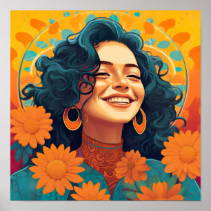 Poster Retrato Floral Radiante Mexicano-Americano Mulher