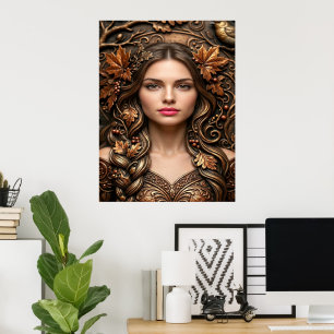 Poster Retrato Florestal Elegante em Arte de Bronze Relev