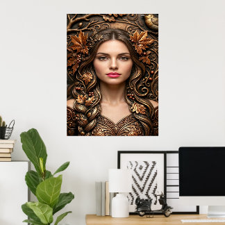 Poster Retrato Florestal Elegante em Arte de Bronze Relev