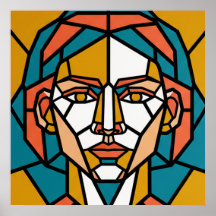Retrato Geométrico em Mosaico em Âmbar e Turquesa