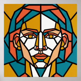 Poster Retrato Geométrico em Mosaico em Âmbar e Turquesa