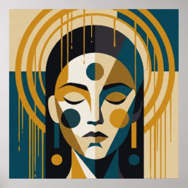 Poster Retrato Geométrico Zen em Azul Turquesa e Ócre