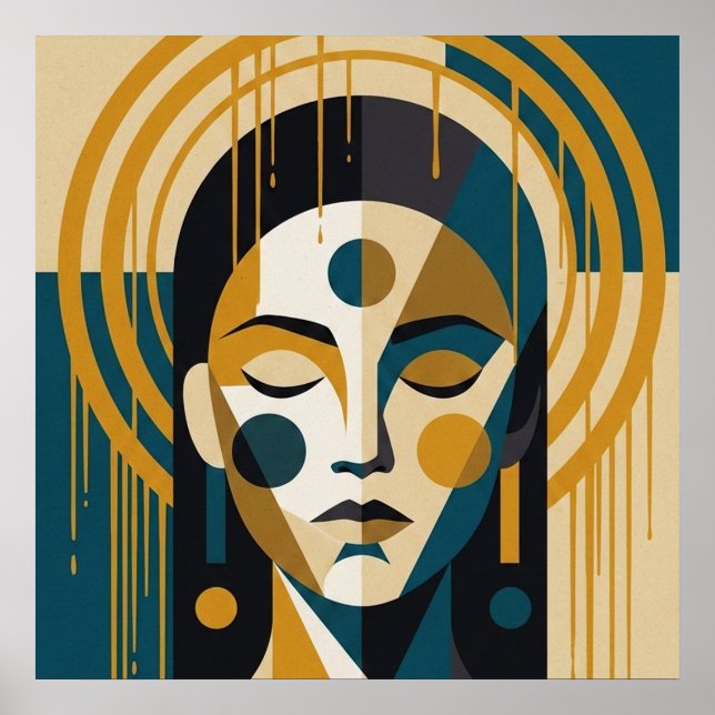 Poster Retrato Geométrico Zen em Azul Turquesa e Ócre (Frente)