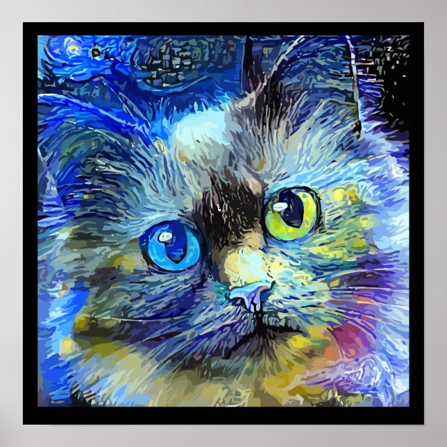 Poster Retrato Impressionista de Gato Azul Amarelo Preto  (Frente)