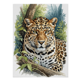 Pôster Retrato Majestoso de Leopardo em Aquarela