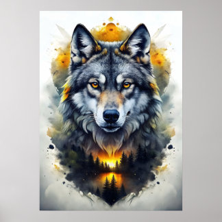 Poster Retrato Majestoso do Lobo na Abstrato Art