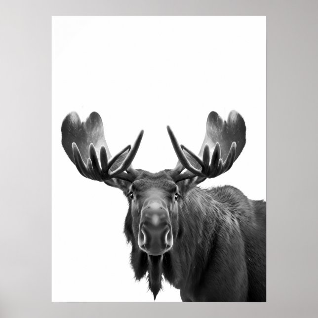 Poster Retrato moderno de alce preto e branco (Frente)