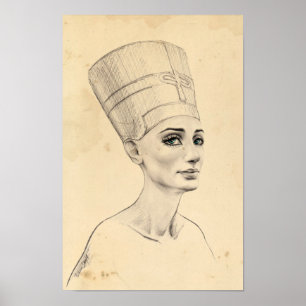 Pôster Retrato Nefertiti desenhando Papiro Antigo Egito
